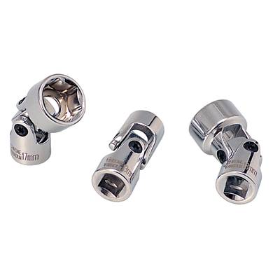 Tři chromované kloubové díly pro nástrčné klíče, s různými úhly, značení ukazuje 17 mm a 27 mm.
