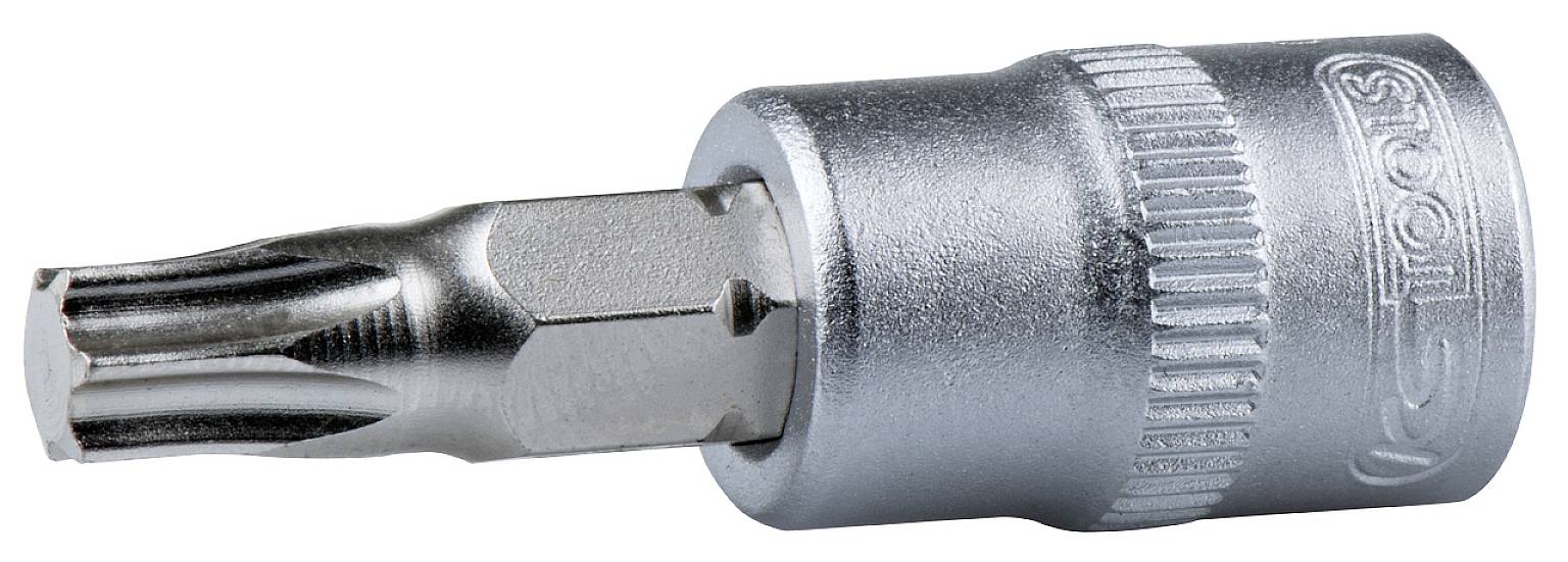 Šroubovací nástavec s profilem Torx pro šroubovací práce, stříbrné barvy, kompaktní konstrukce, vhodný pro manuální nebo strojové použití.