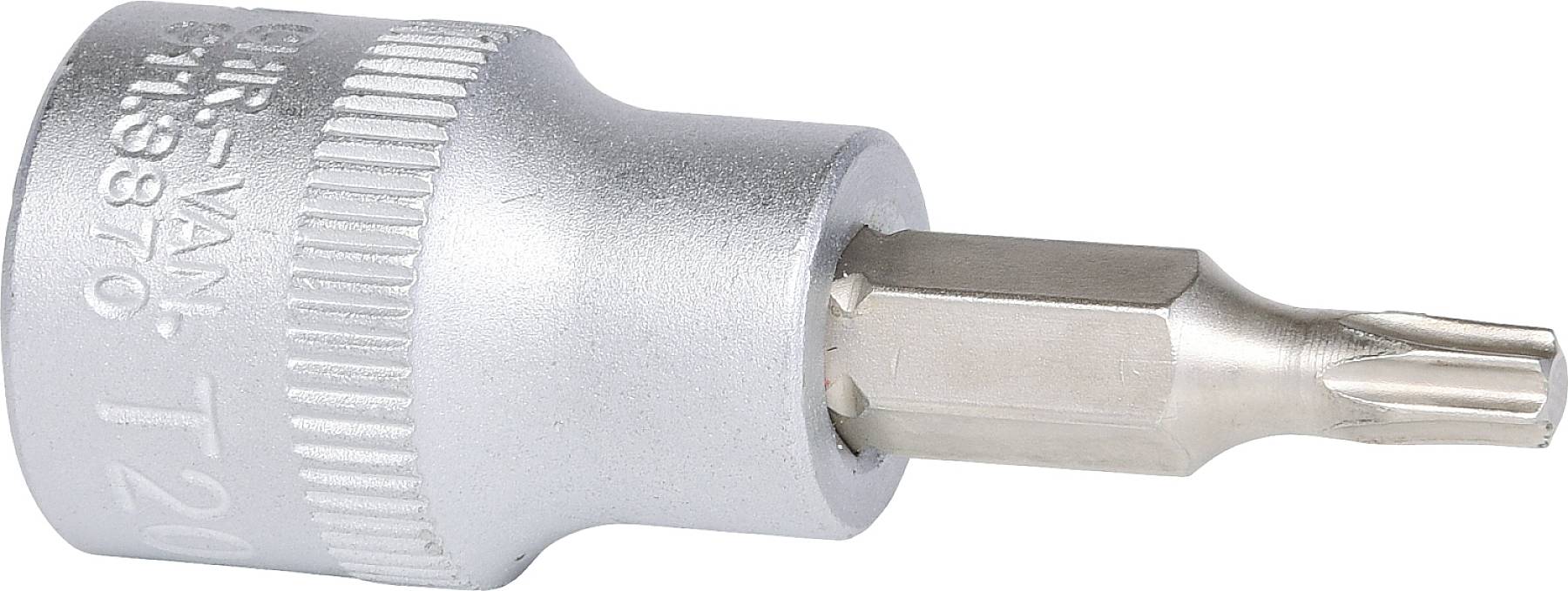 Stříbrný nástavec na šroubovák s kovovým T20 Torx hrotem, vhodný pro šroubové spoje, zobrazený na bílém pozadí.