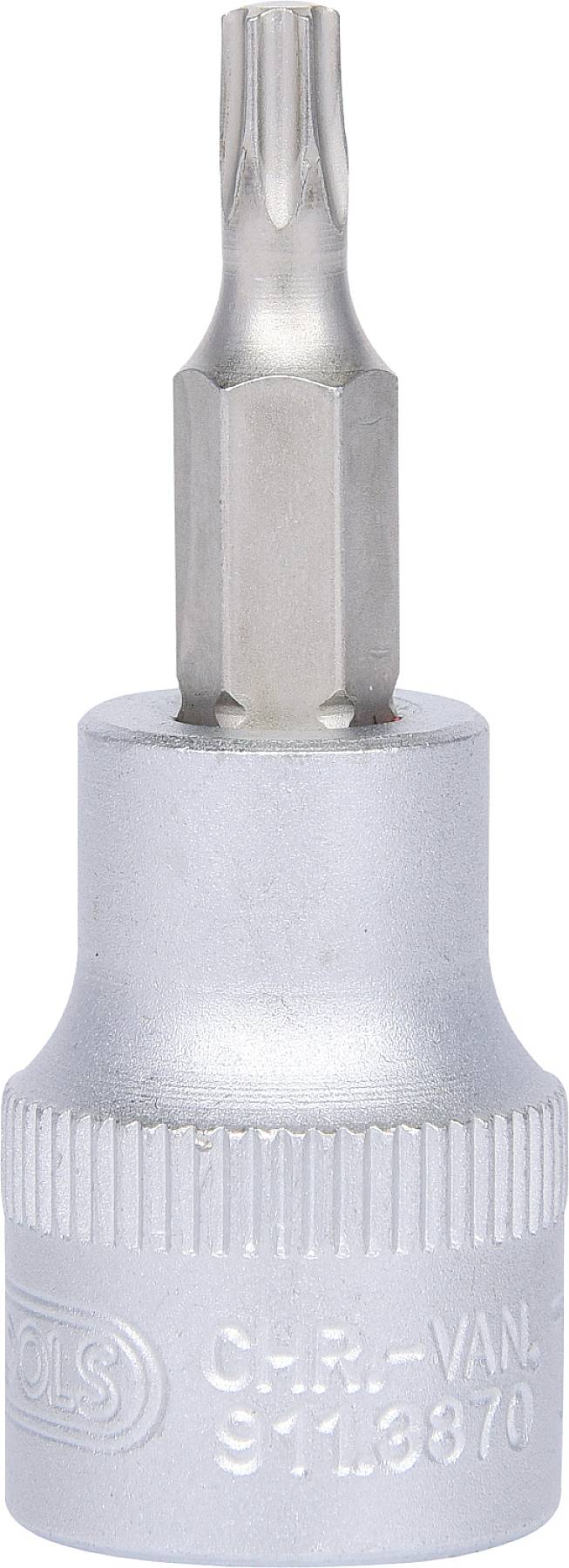 Torx bit s uchycením pro nástrčný klíč. Používá se pro šrouby s hvězdicovitou hlavou. Stříbrný kovový nástroj.