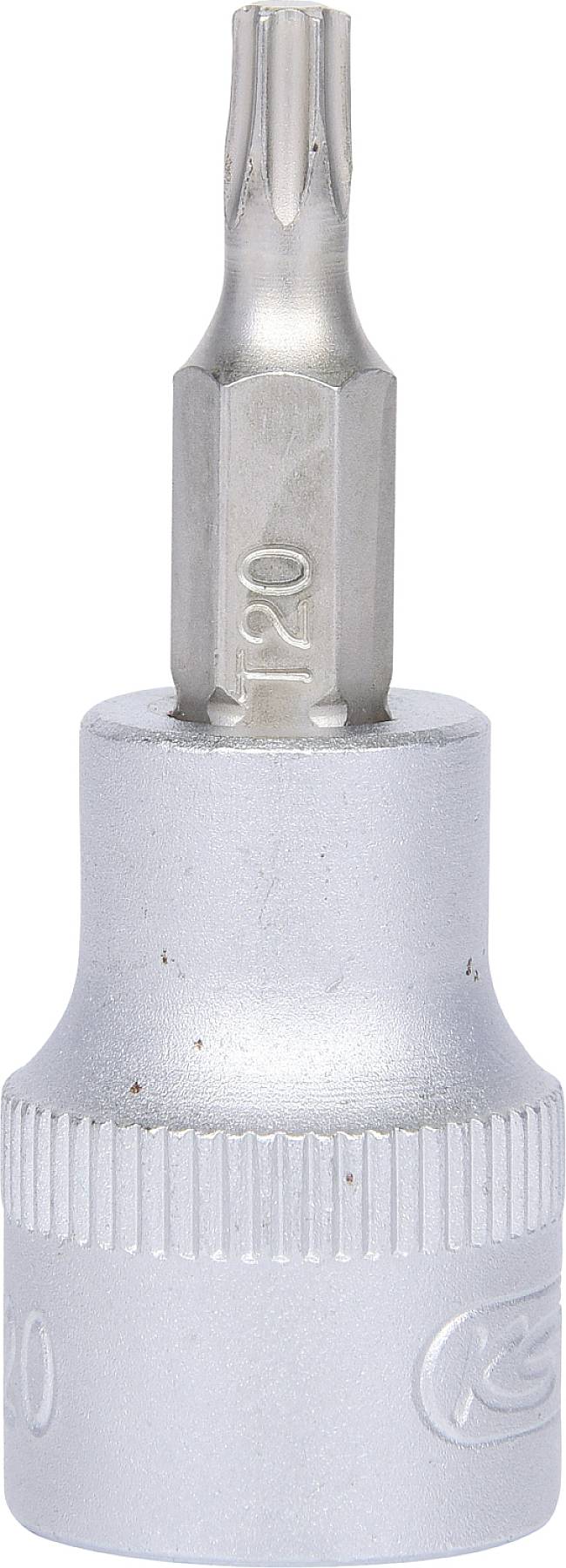 Stříbrný nástavec Torx bit, vhodný pro šroubovací aplikace, s šestihrannou základnou pro ráčny nebo nástrčné klíče.