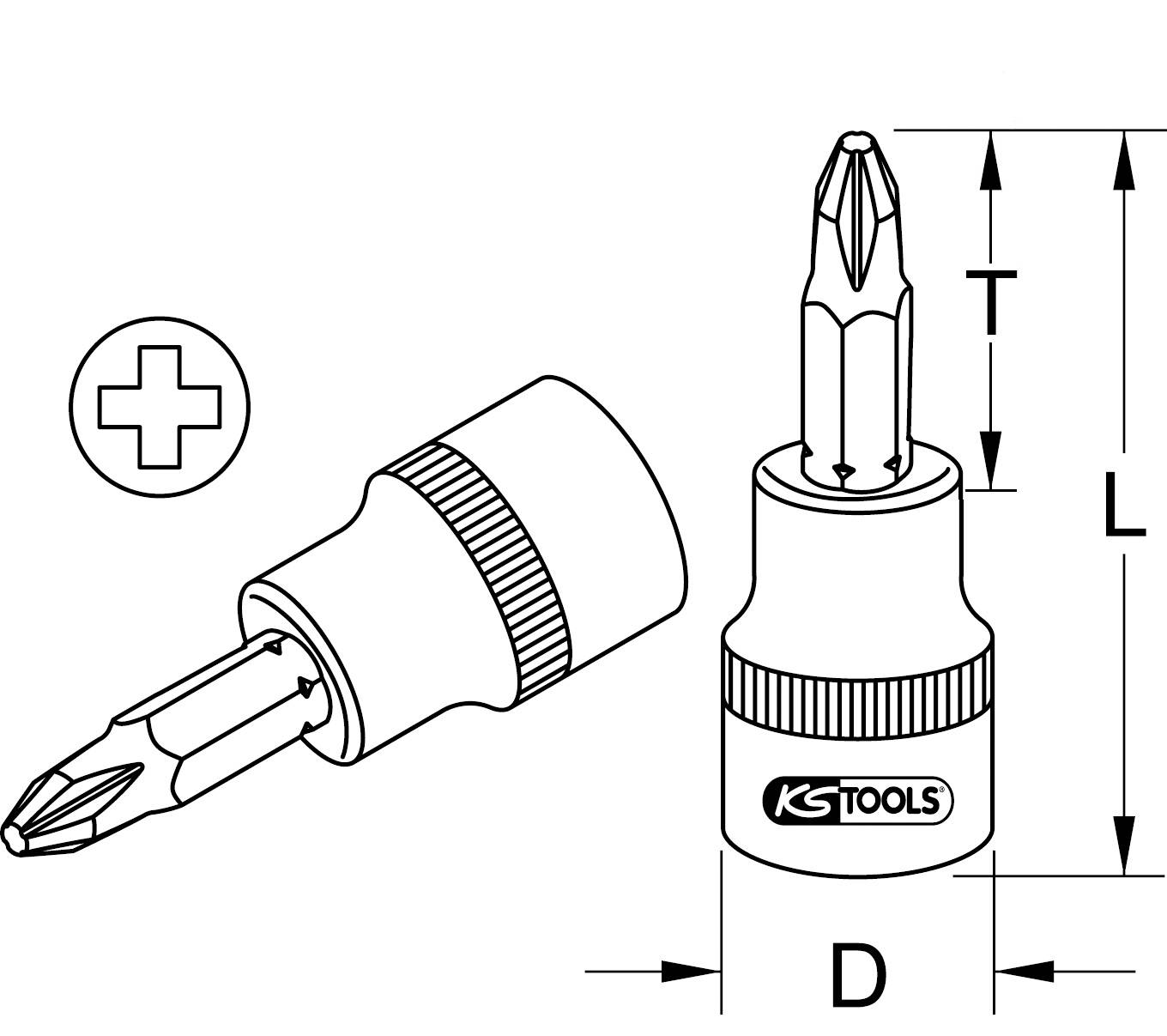 'KS Tools' Křížový šroubovací bit, dva pohledy. Hlavní komponenty označeny: Průměr (D), Délka (L), Špička (T).