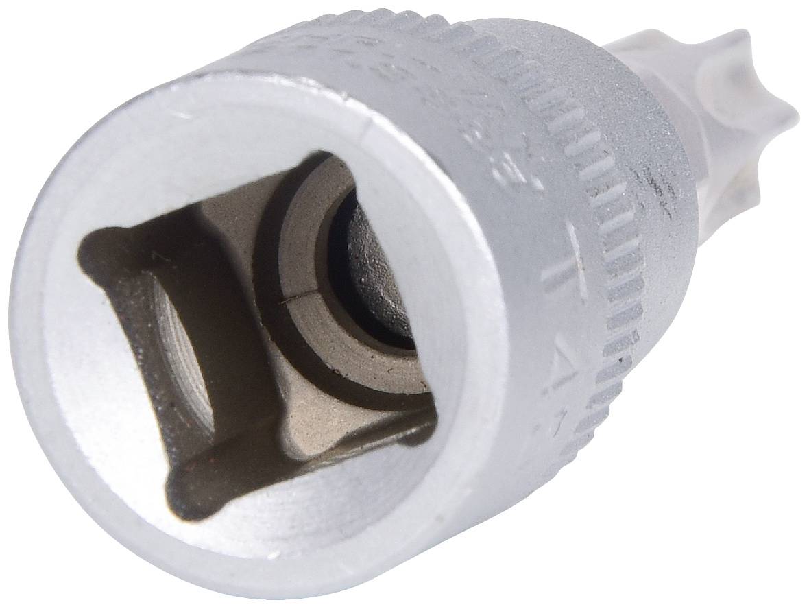 Nástavec Torx, stříbrný, velikost T45, pohled zepředu, určený pro upevňování a povolování šroubů s Torx profilem.