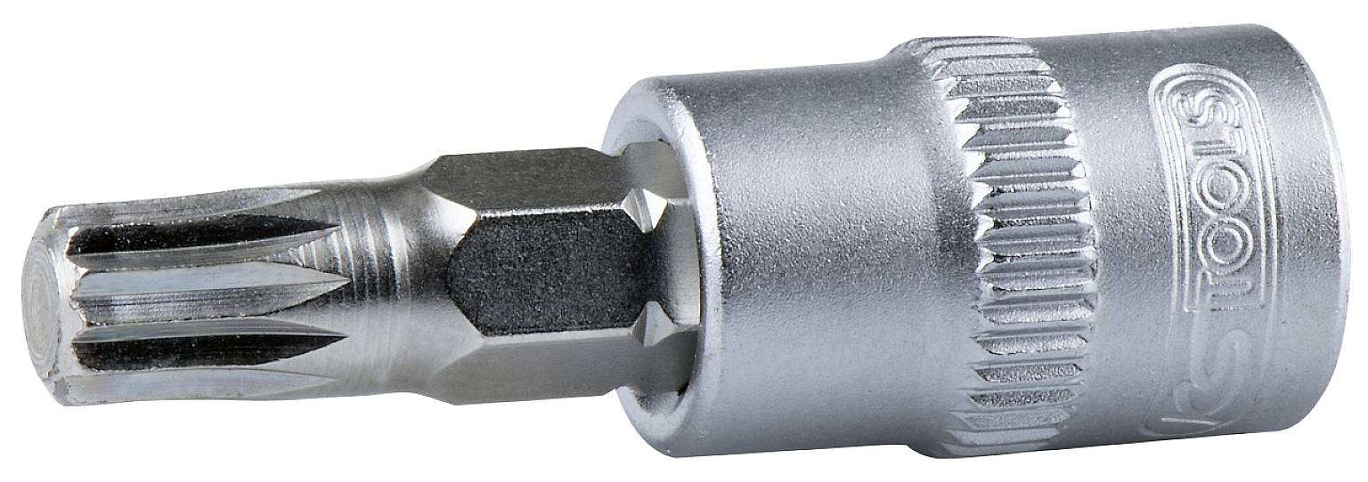 Stříbrný nástavec na klíč Torx se zoubkovaným okrajem, vhodný pro utahování nebo povolování šroubů Torx.