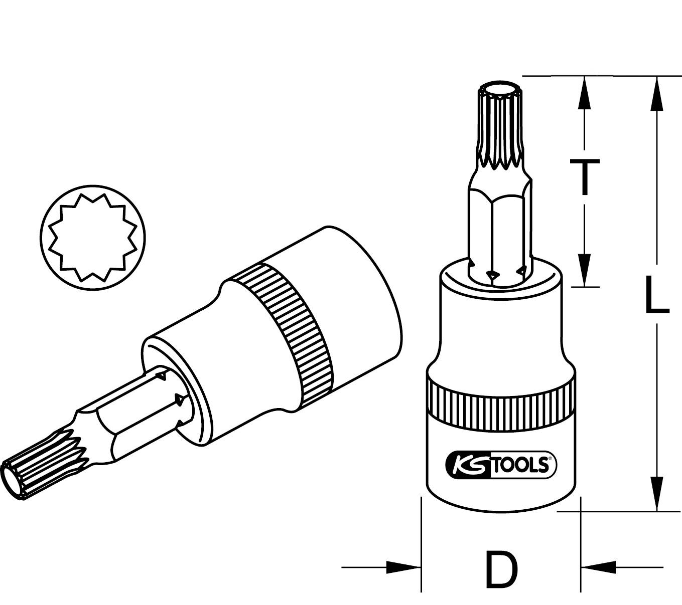 Diagram nástrčné hlavice XZN s 1/2" pohonem. Zobrazuje boční pohled a pohled shora s rozměry D, L a T. Značka: KS Tools.