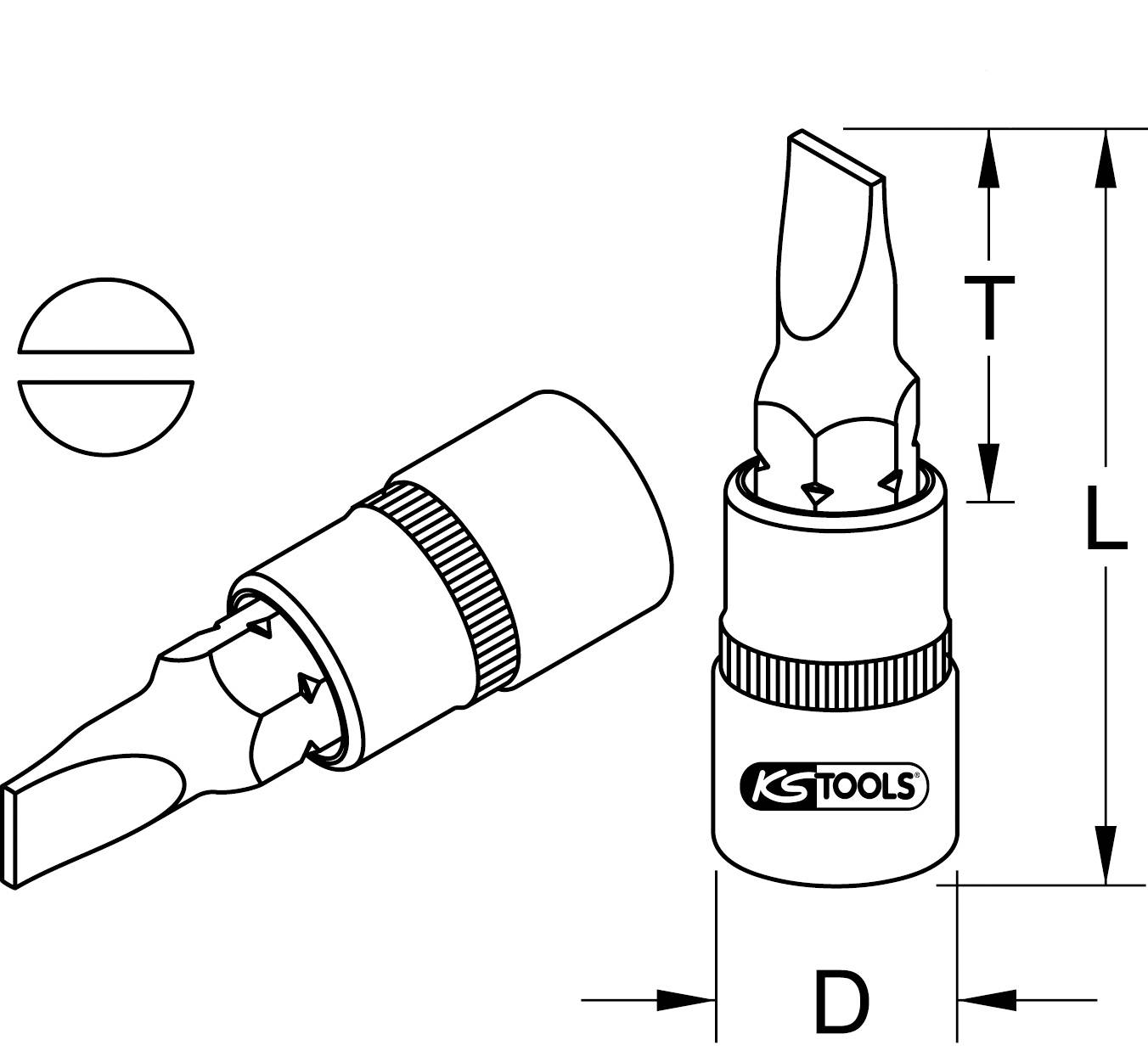 Diagram šroubovákových bitů od 'KS Tools' s pohledem zepředu a z boku. Rozměry: průměr (D) a celková délka (L) jsou vyznačeny.