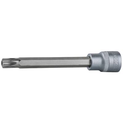 Kovový bit Torx s nástrčným spojem, používaný k utahování nebo povolování šroubů s Torx hlavou, leží vodorovně.