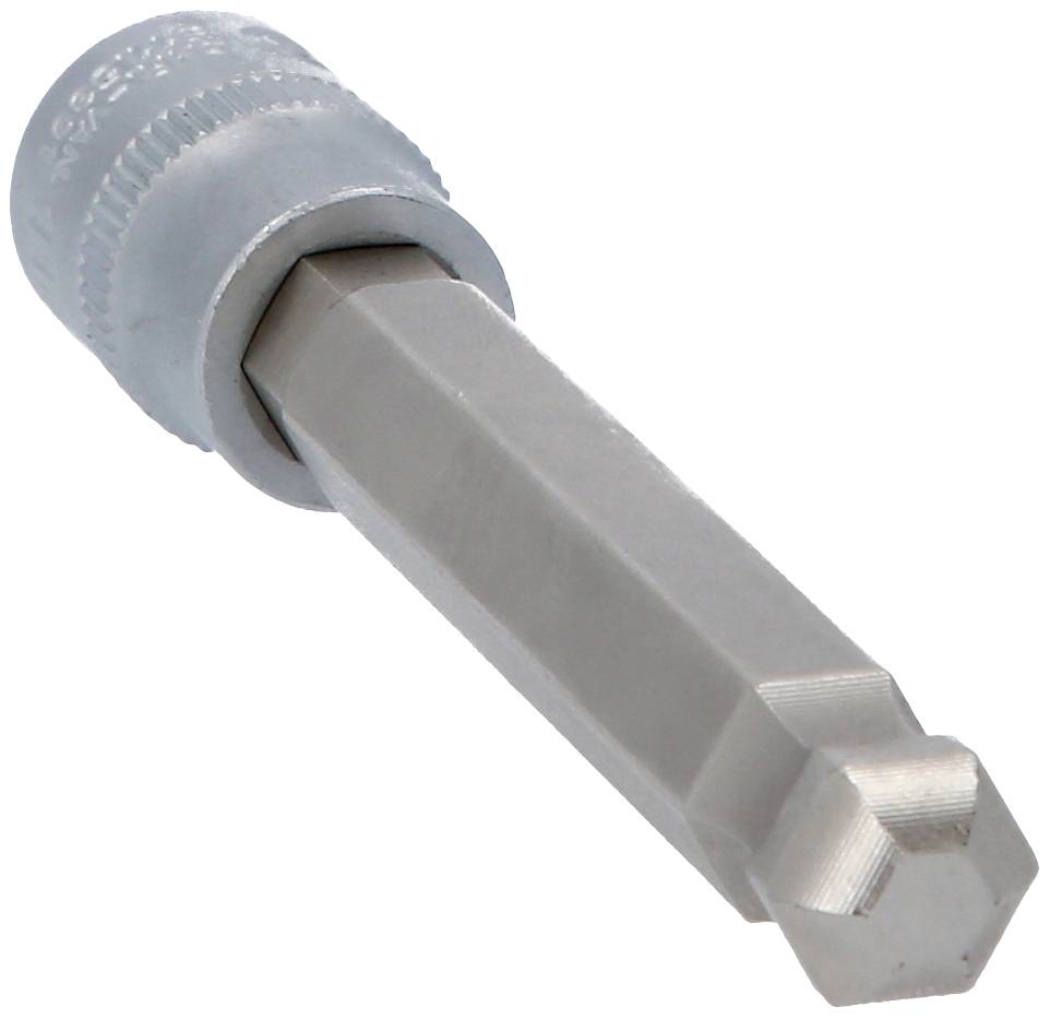 Stříbrný šestihranný šroubovací bit s magnetickým hrotem, používaný k upevňování šroubů v různých materiálech.