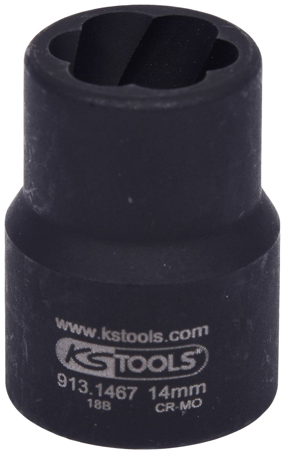 Černý nástrčný klíč značky KS Tools, modelové číslo 913.1467, 14 mm, vyrobený z oceli CR-MO.