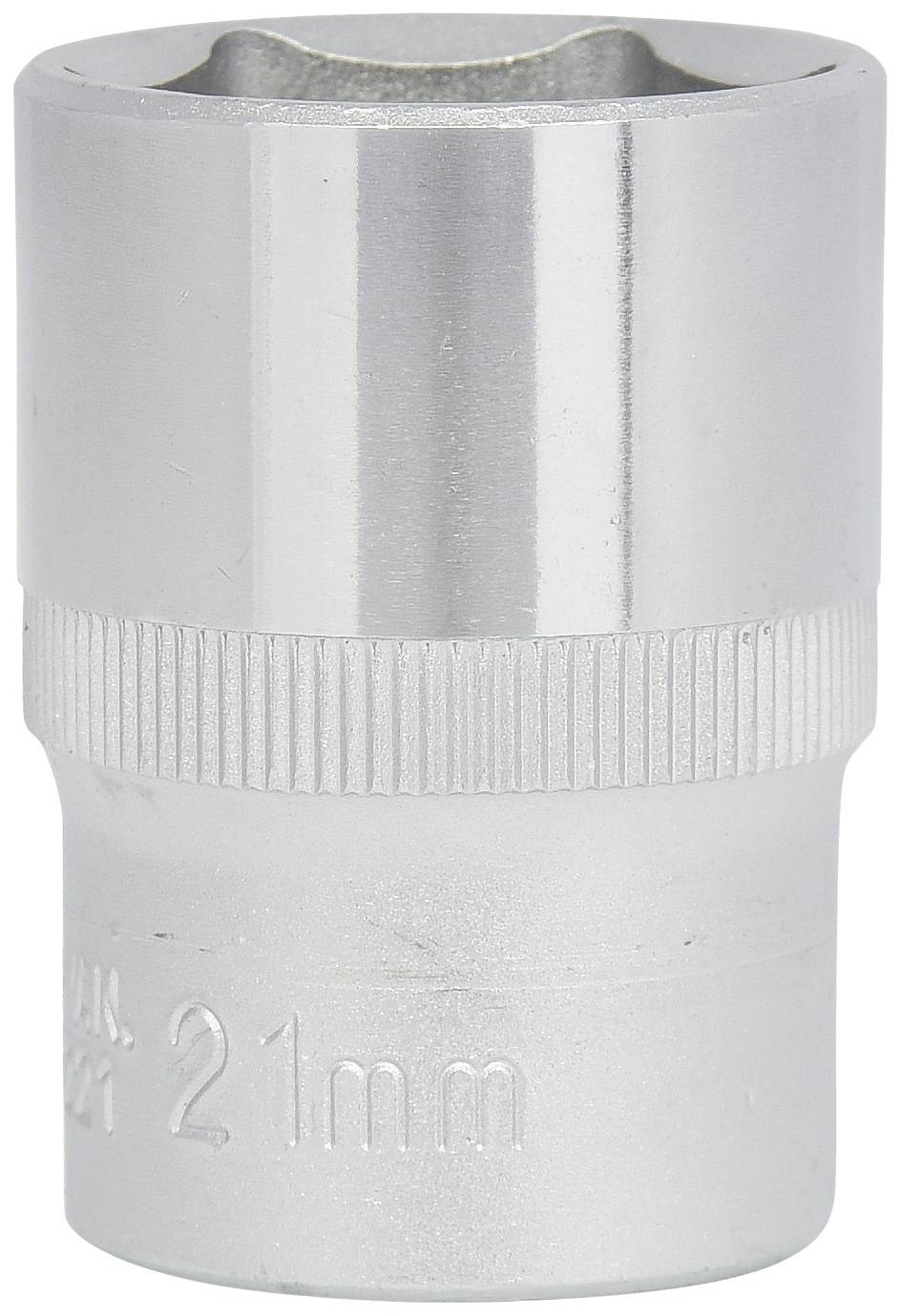 Stříbrná šestihranná nástrčná hlavice s 21 mm nápisem, lesklý povrch. Vhodná pro použití v nástrojích a šroubových spojeních.