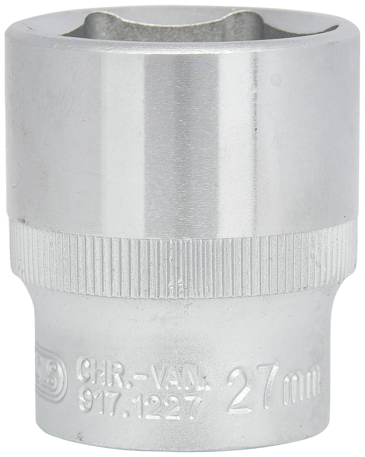 Kovová nástrčná hlavice, 27 mm, s vroubkovaným okrajem pro lepší uchopení.