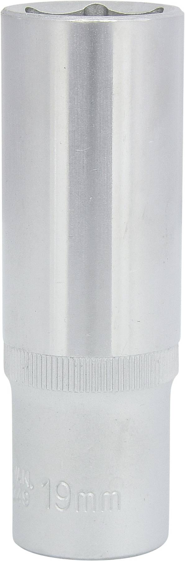 Stříbrná pojistná matice pro šroub M19, válcovitého tvaru, s hladkým lesklým povrchem, vhodná pro nástroje a stroje.
