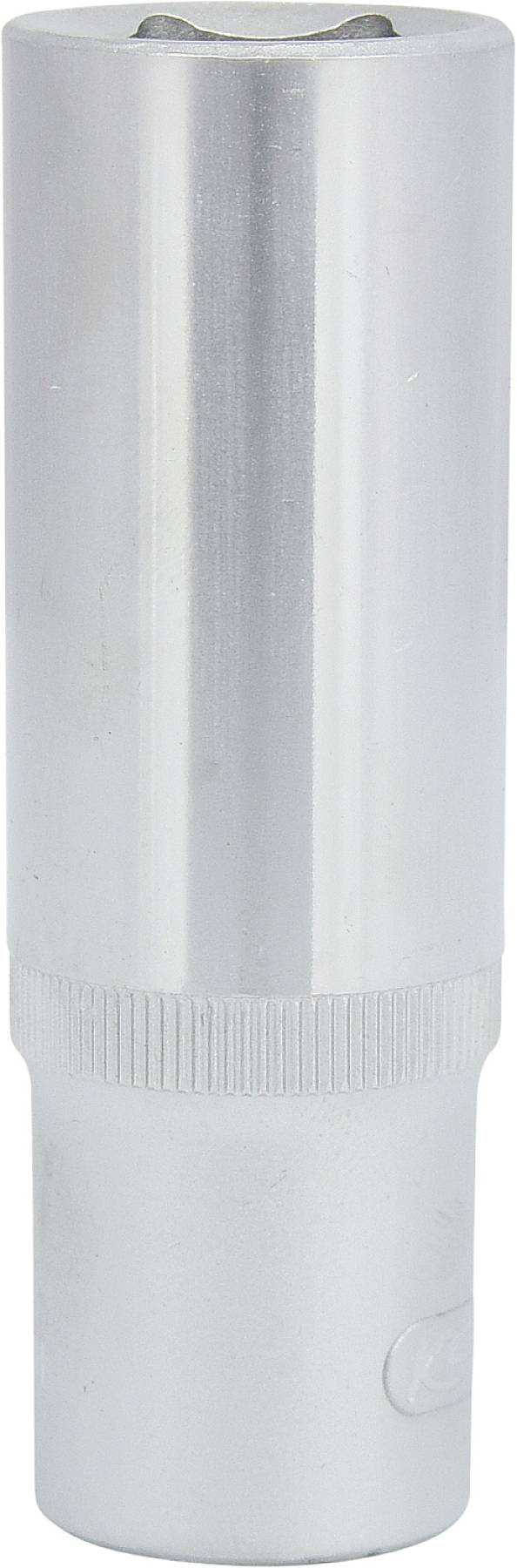 Stříbrná válcovitá kovová součástka s vroubkovanou střední sekcí, pravděpodobně mechanický nebo technický díl.