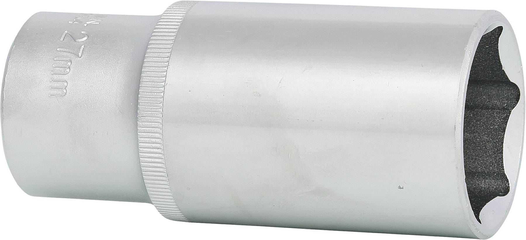 Nástrčkový klíč z kovu, 27 mm, válcovitý tvar, s vroubkovanou rukojetí pro lepší uchopení.