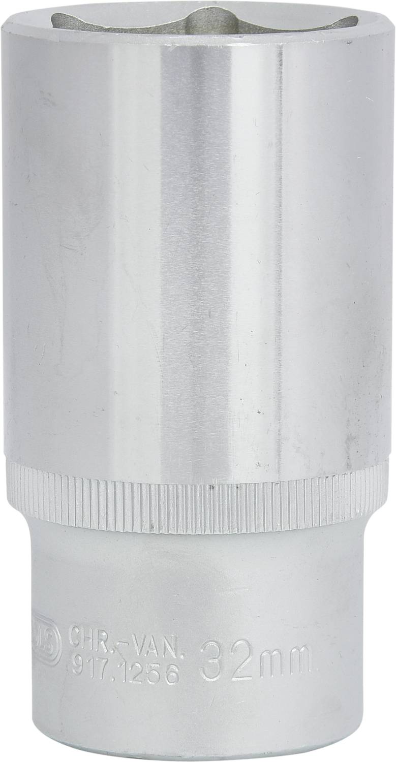 Chromvanadium nástrčný klíč 32 mm. Stříbrný nástrčný klíč, který je barevně jednotný shora dolů, s gravírováním velikosti nástroje a materiálu.