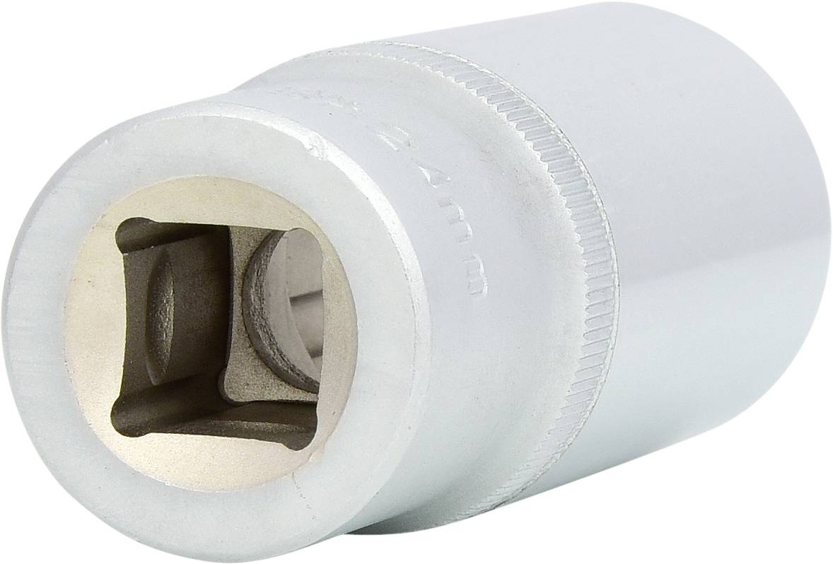 Chromovaný nástavec pro ráčnu nebo nástrčný klíč, se čtvercovým otvorem, vhodný pro mechanické práce.