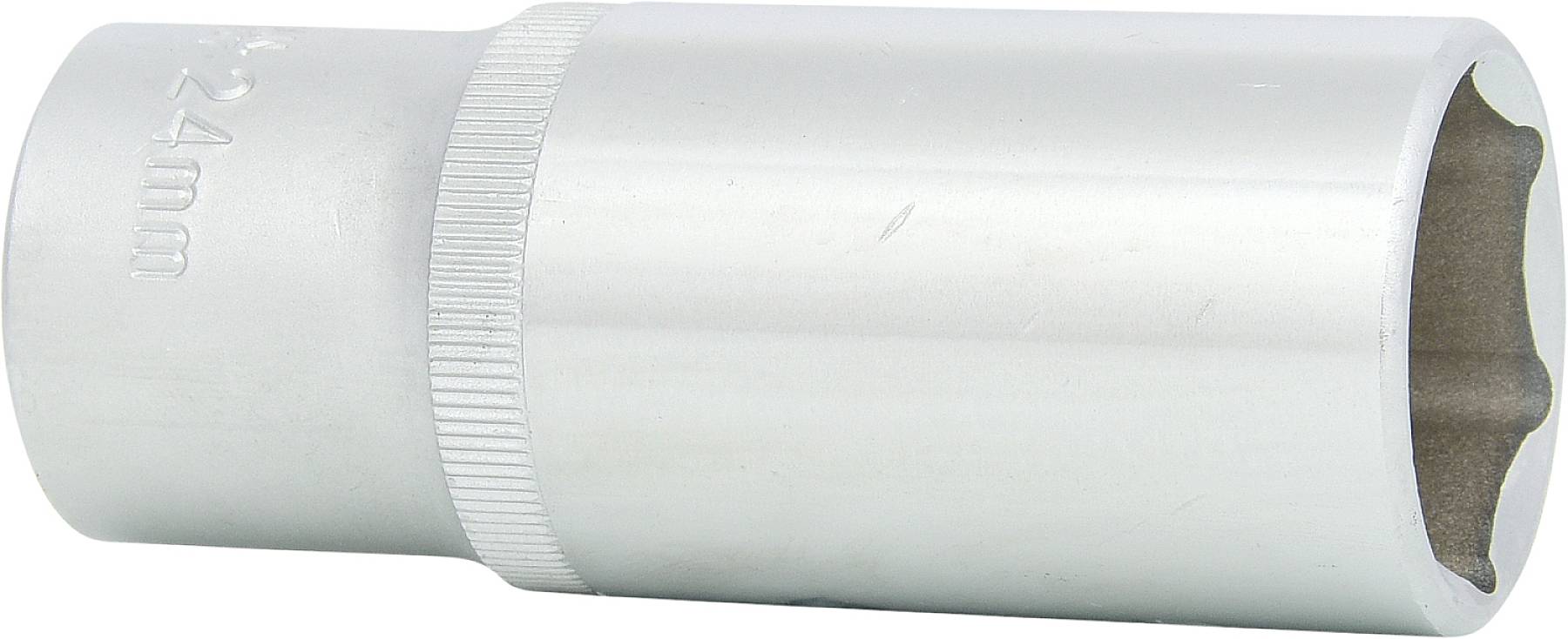 Stříbrná matice s 24mm nápisem, válcovitého tvaru, vhodná pro šroubové nebo otočné nástroje, s hladkým povrchem.