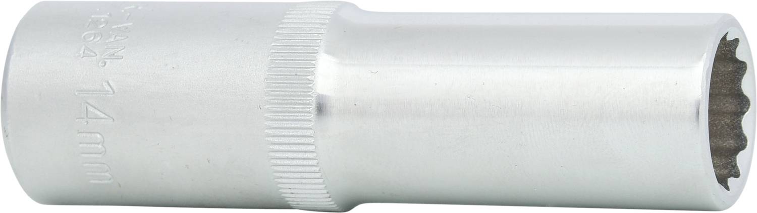 Nástavec klíče z kovu, 14 mm, stříbrné barvy, bez označení. Používá se k utahování nebo povolování matic a šroubů.
