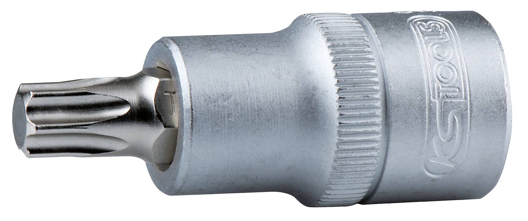 Nástrčný klíč s torx profilem ze stříbrného kovu, často používaný pro upevnění šroubů v automechanice.