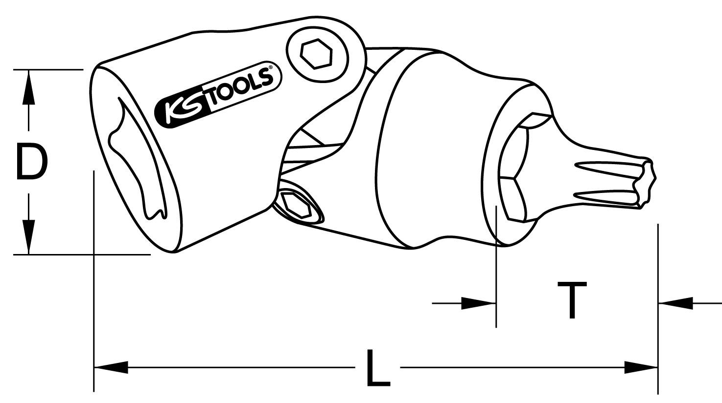 'KS Tools' kloubový díl s rozměry: D (průměr), T (hloubka) a L (délka). Technický výkres nástroje.