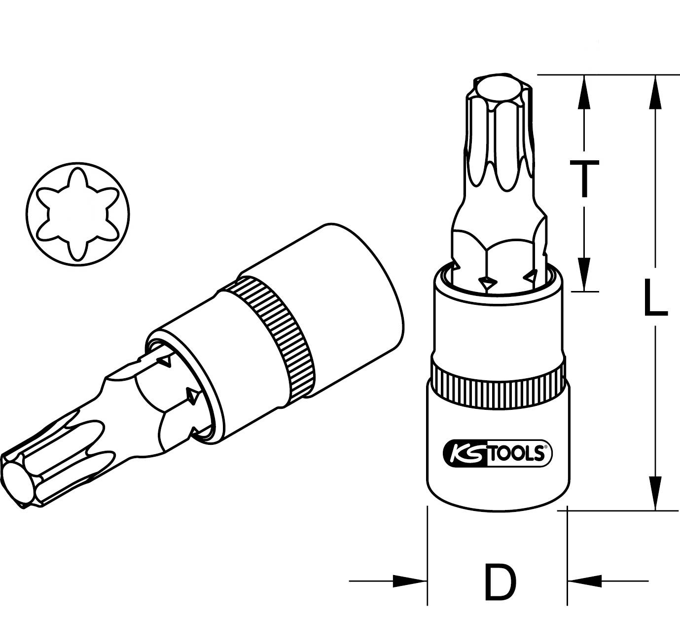 Obrázek vícebitového šroubováku s rozměry D, L a T. Logo KS Tools na rukojeti. Zobrazuje specifikace nástroje.