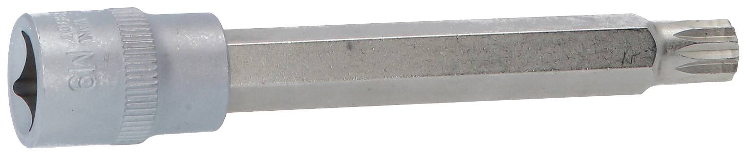 Torx bit s stříbrným šestihranným dříkem a šedou rukojetí.