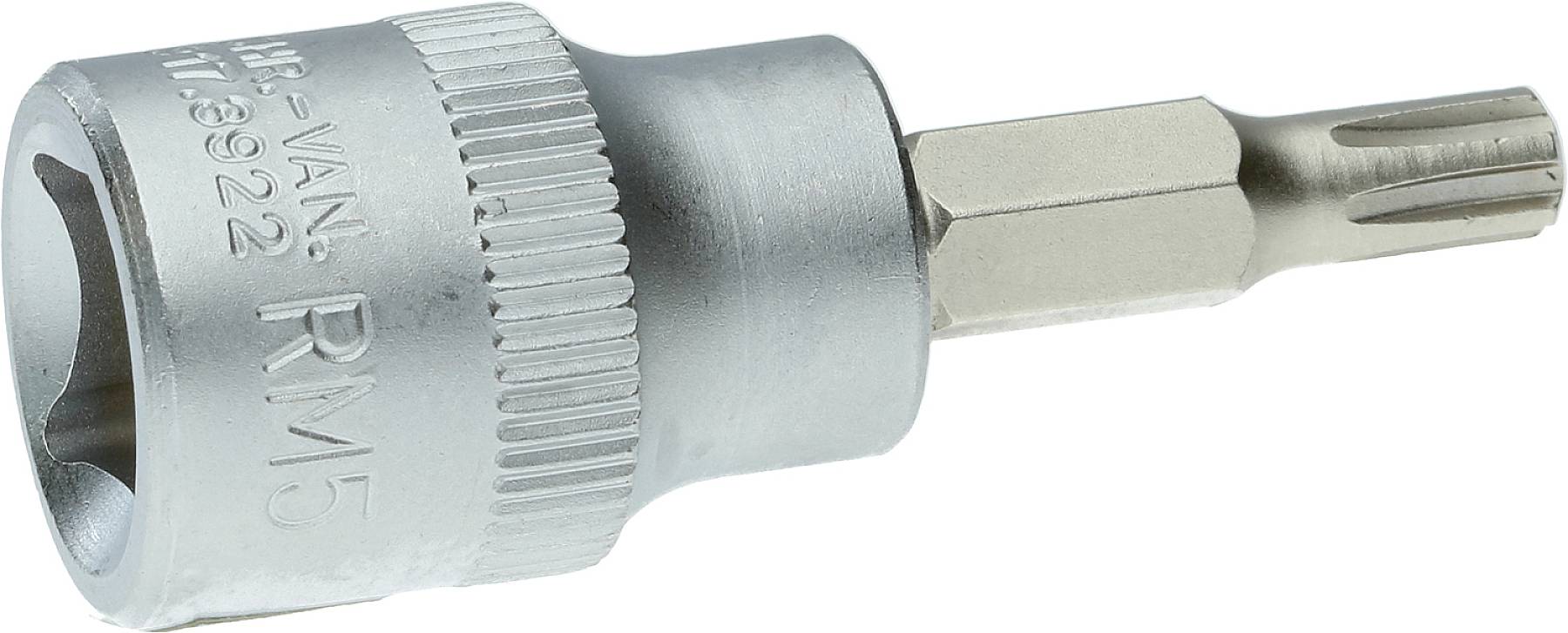 Kovový nástavec Torx s označením 'RM5'. Používá se ke šroubování nebo povolování šroubů s Torx hlavou.