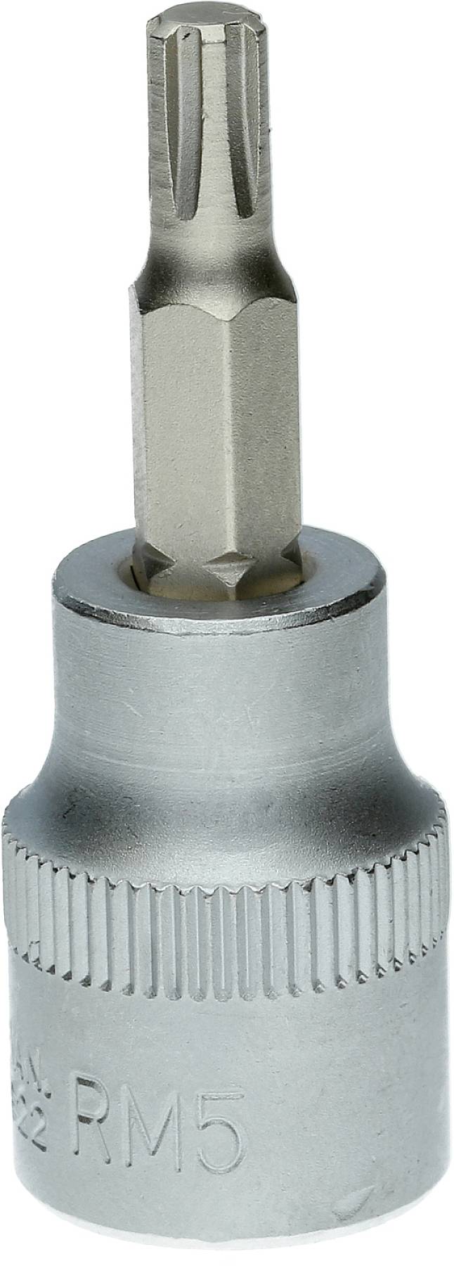 Stříbrný šroubovací nástavec s hvězdicovitým hrotem, typický pro šrouby Torx, na bílém pozadí.