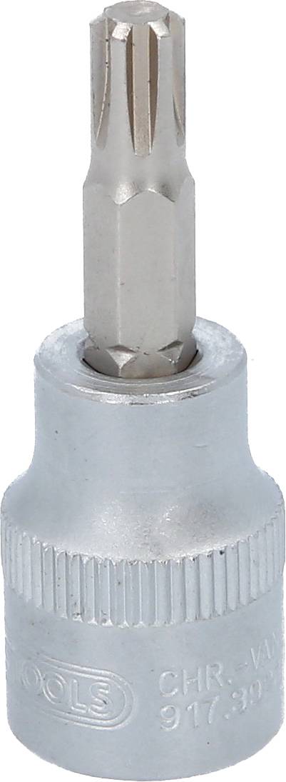 Torx bit v kovovém pouzdře, používaný pro šroubovací práce. Bit má hvězdicovitý profil.