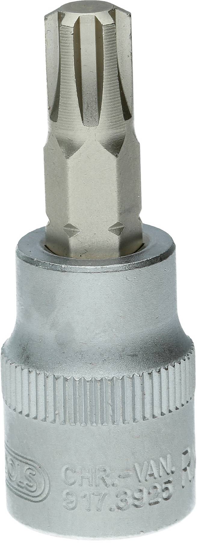 Torx bit nástavec na klíč, stříbrné barvy, válcovitého tvaru, s hranatou hlavou určený k upevňování šroubů.