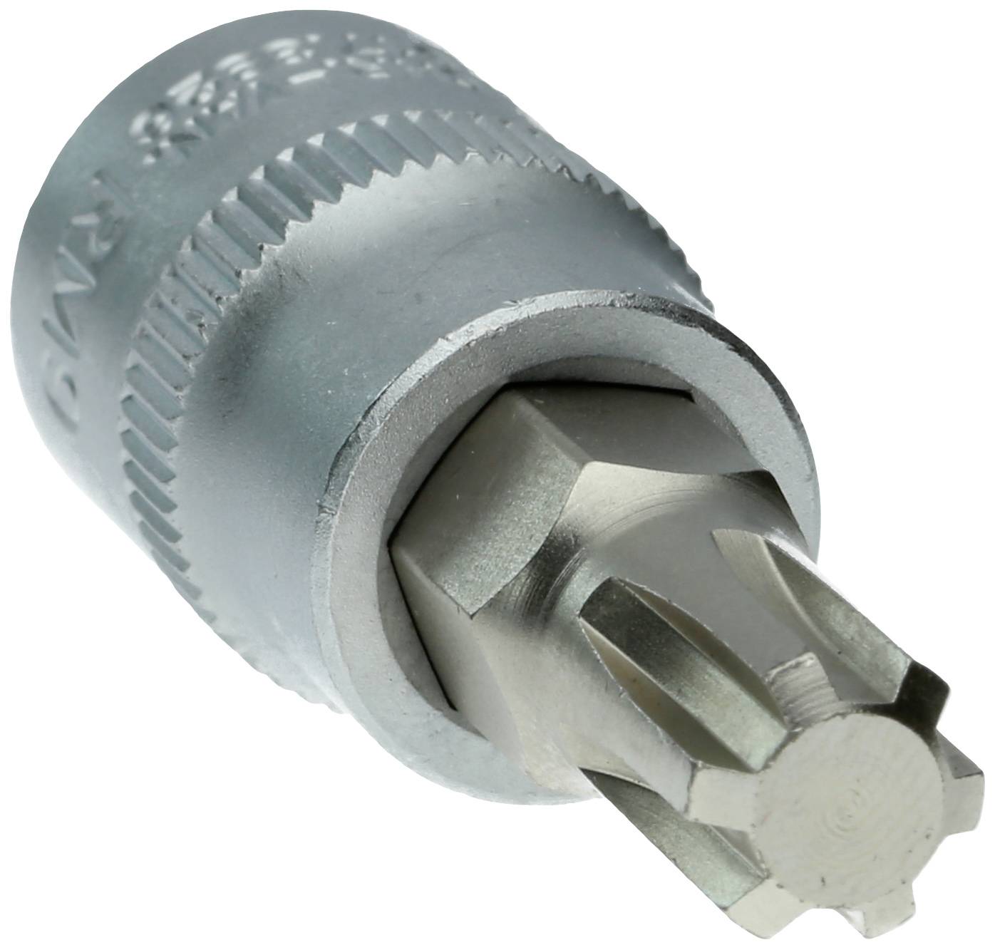 Nástavec Torx pro šroubovák, kovový, detail, šestizubý tvar, průmyslový design, rozmazané pozadí.