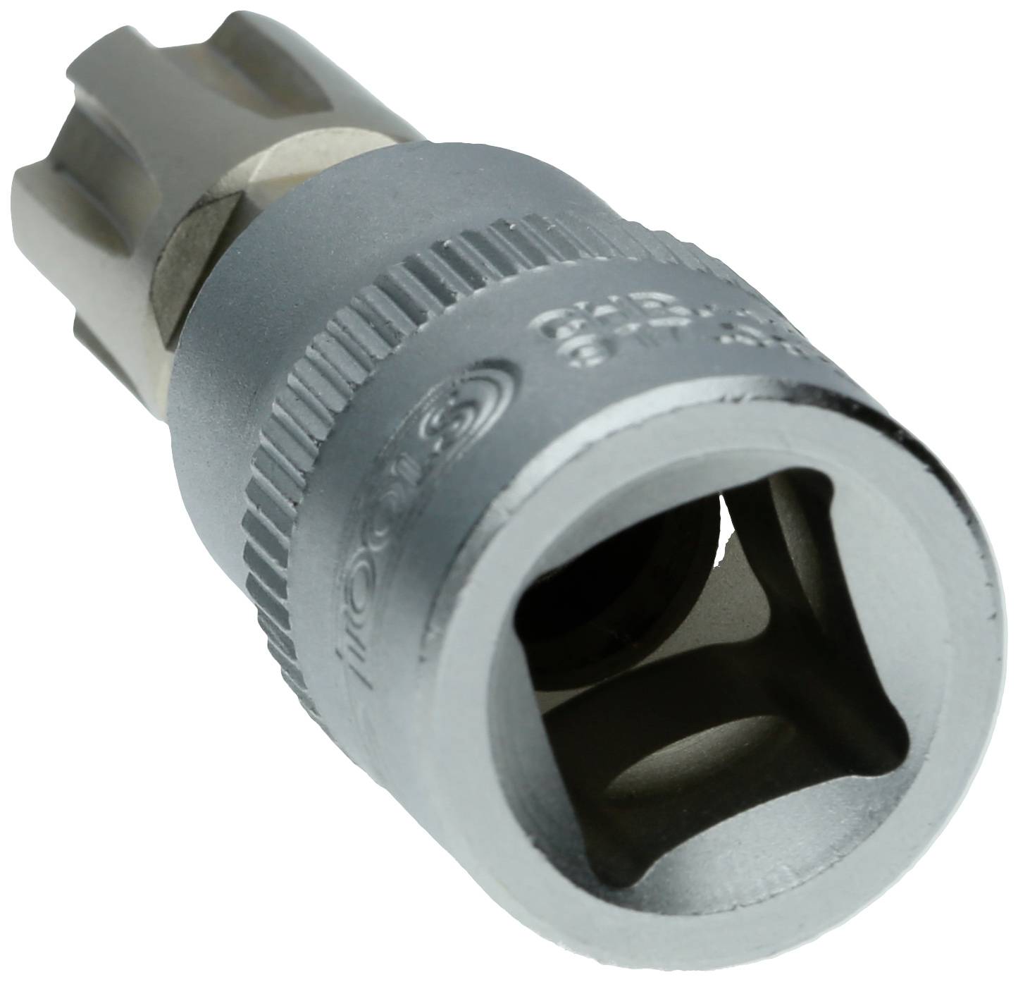Zobrazený nástavec na klíč je navržen pro šrouby s vnitřním šestihranným profilem (Torx), vhodný pro mechanické práce.