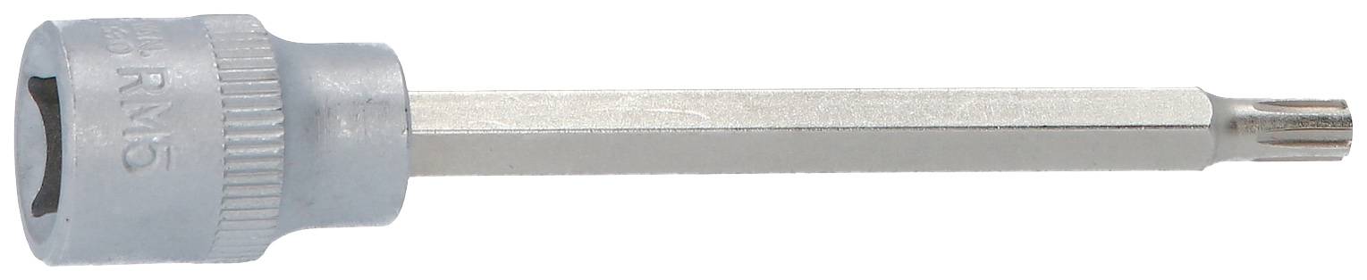 Nástavec bitu Torx, velikost RM6, pro speciální šrouby. Stříbrná kovová čepel s šedou rukojetí.