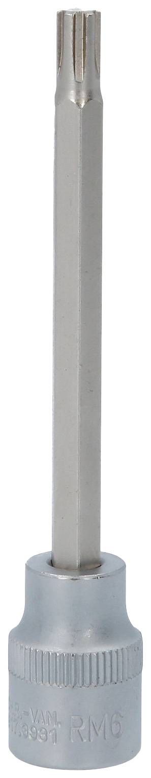 Dlouhý, stříbrný nástavec Torx bit, vhodný pro šroubovák nebo ráčnu, před neutrálním pozadím.