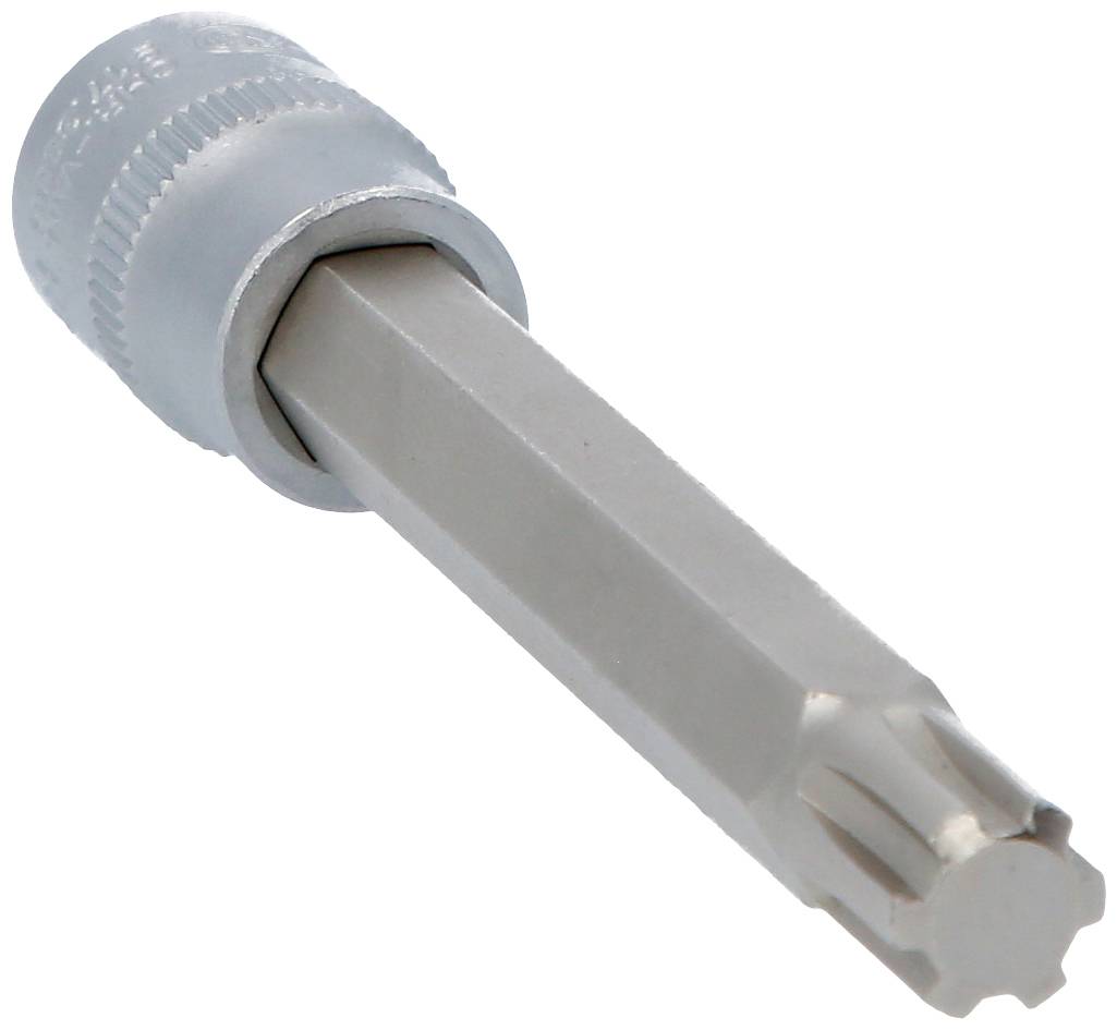 Nástrčný klíč s vnitřním šestihranem a vnějším profilem Torx, vyrobený z kovu. Vhodný pro přesné mechanické práce.
