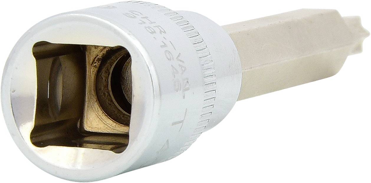 Detailní záběr stříbrného šroubovákového bitu s šestihranným nástavcem, vhodný pro různé nástroje k upevňování šroubů.