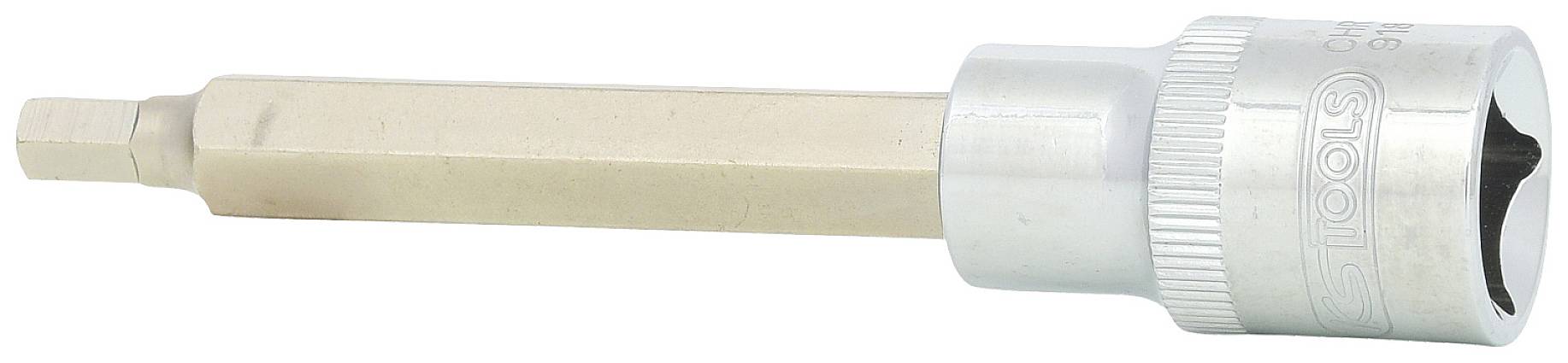 Šestihranný bit s stříbrným adaptérem na nástrčný klíč, vhodný pro řemeslné nebo mechanické použití.