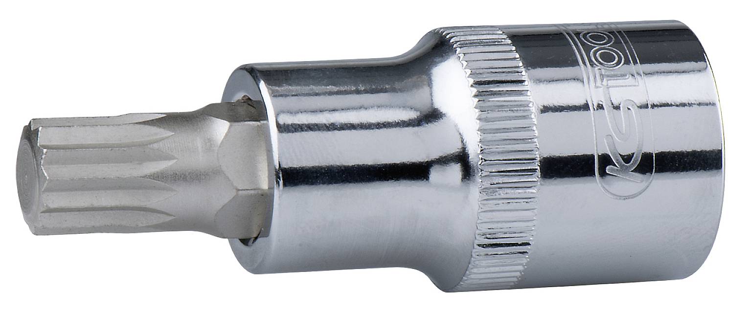 Kovový Torx bit s válcovým náhonem, používaný pro šroubovací práce, lesklý pochromovaný, s rýhovanou rukojetí.