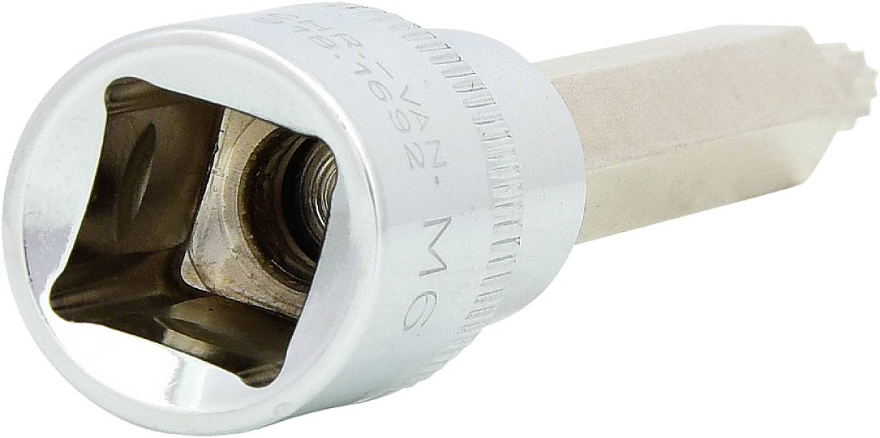 Kovový klíč s šestihranným pouzdrem a šestihranným čepem, vhodný pro matice M6. Používá se pro opravy a instalace.
