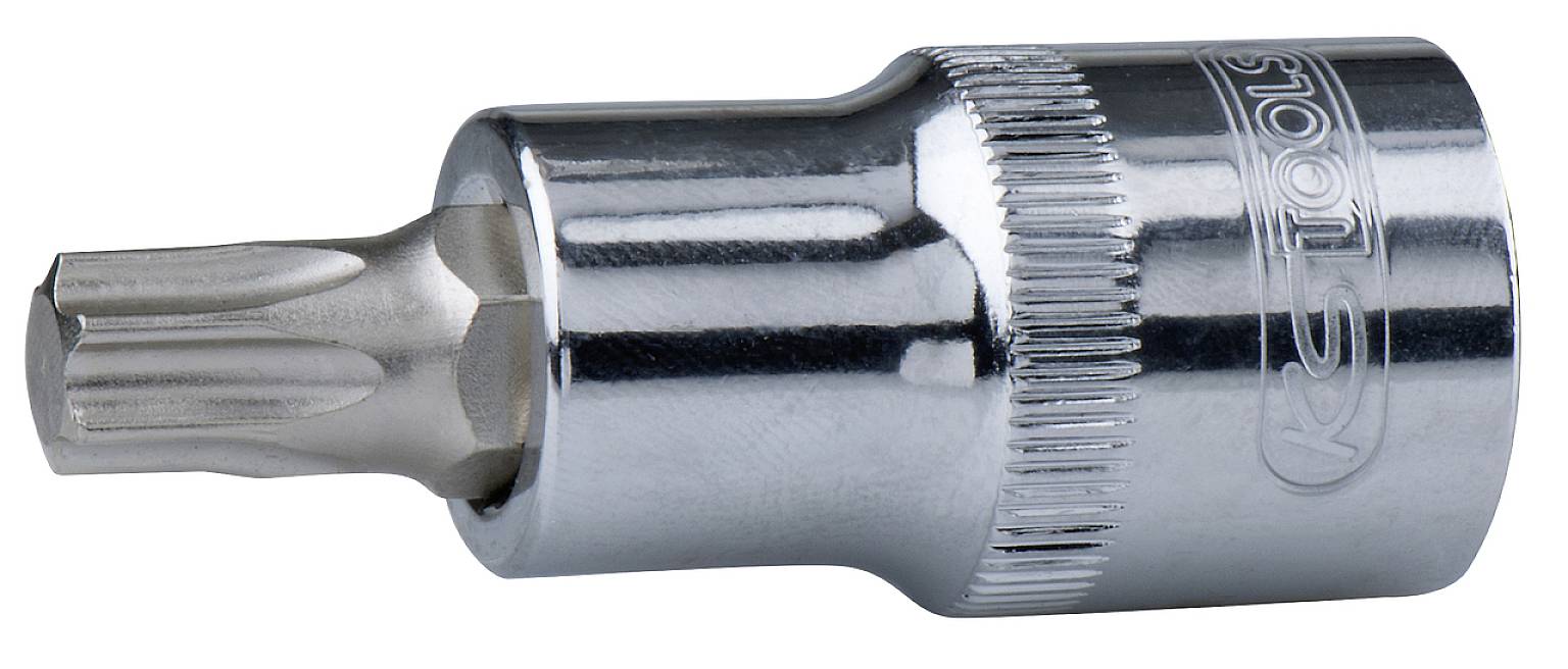 Kovový nástavec Torx bitů s šestizubým hrotem, vhodný především pro použití s klíči nebo ráčnami.