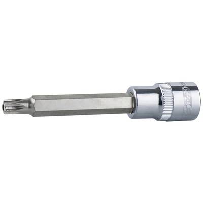 Kovový nástavec Torx pro ráčnu, s obdélníkovým zakončením a hvězdicovitou hlavou, s lesklým stříbrným povrchem.