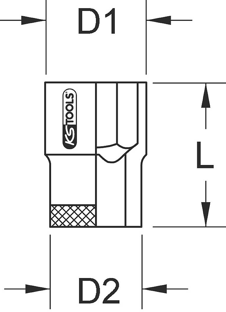 Diagram nástroje pro upínání adaptéru s rozměry D1, D2 a L. Adaptér je od firmy KS Tools, identifikovatelný podle jejího loga.