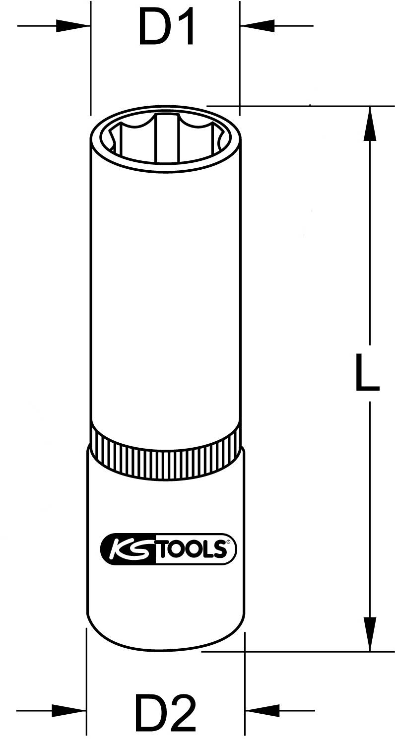 Obrázek válcového nástroje s vyznačenými rozměry 'D1', 'L' a 'D2'. Logo 'KS Tools' je viditelné v dolní části.