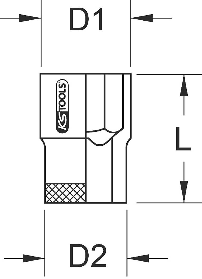 Technický výkres nástroje s popisky 'D1', 'D2' pro průměr a 'L' pro délku. Hlavním prvkem je logo společnosti KSTools.