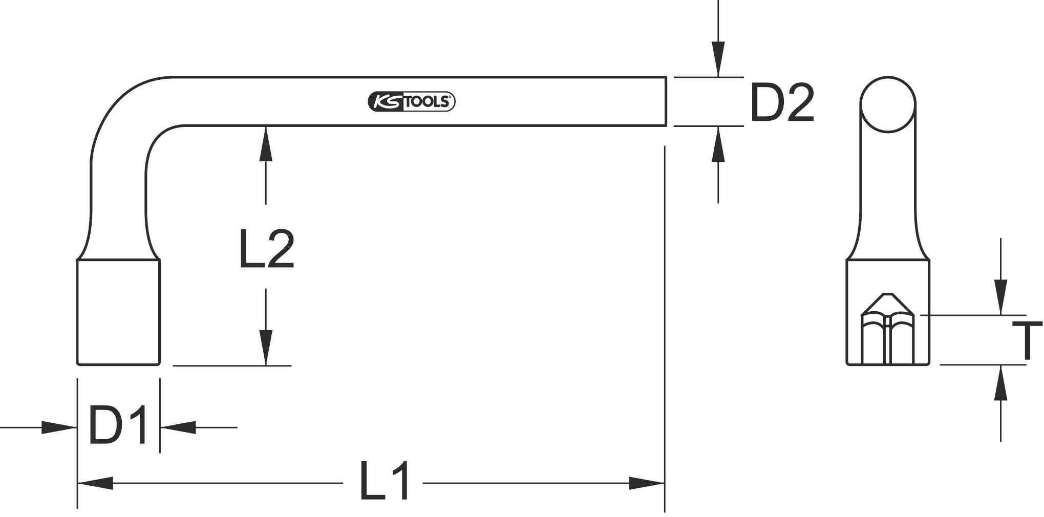 Obrázek úhlového klíče s technickými rozměry, včetně délky (L1, L2), průměru (D1, D2) a tloušťky (T).