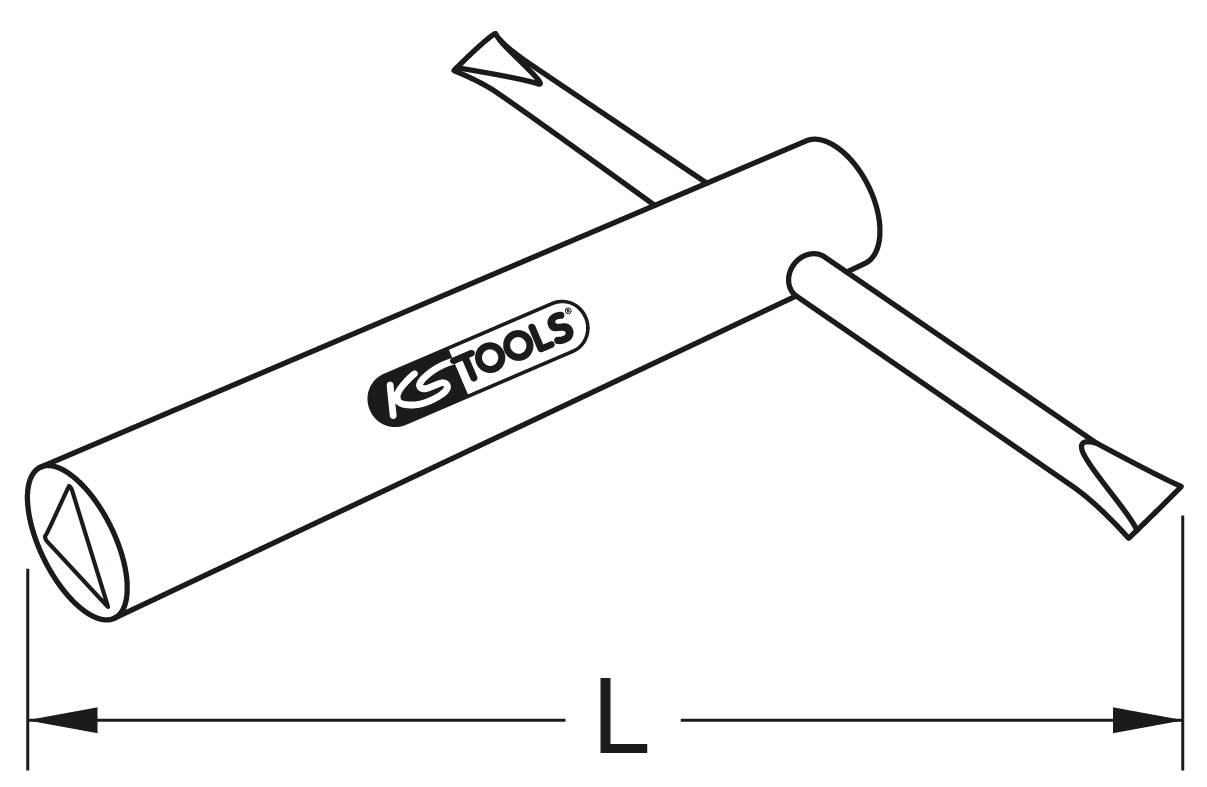 Černobílý nákres nástroje s T-rukojetí s logem 'KS Tools', zobrazený horizontálně s rozměrovou kótou 'L'.