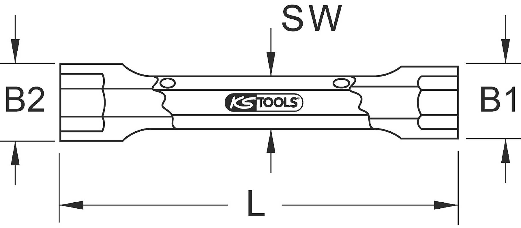 'Náčrt nástrčného klíče s popisy B1, B2, SW, L. Logo KS Tools uprostřed. Zobrazuje rozměry a design.'