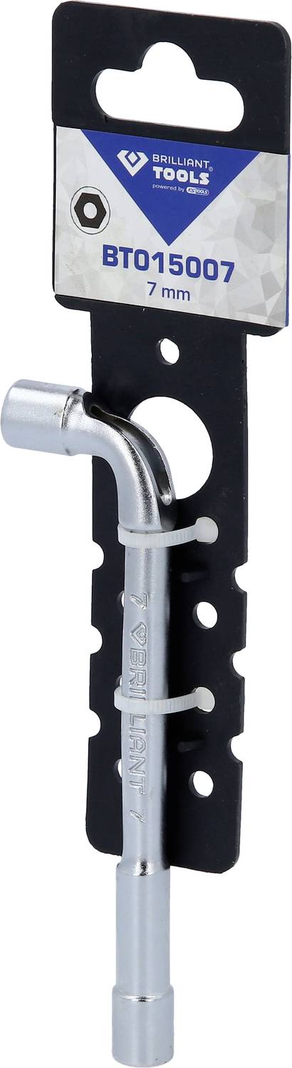 Stříbrný šestihranný klíč (7 mm) od Brilliant Tools v černém držáku.