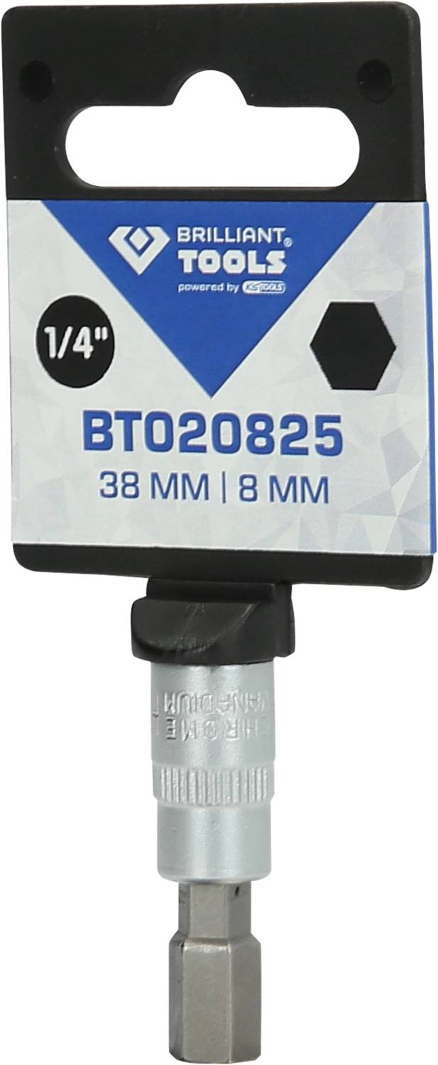 Obrázek produktu šroubovacího bitu s nápisem: 1/4", BT020825, 38 MM | 8 MM. Balení od Brilliant Tools, s šestihranným tělem.