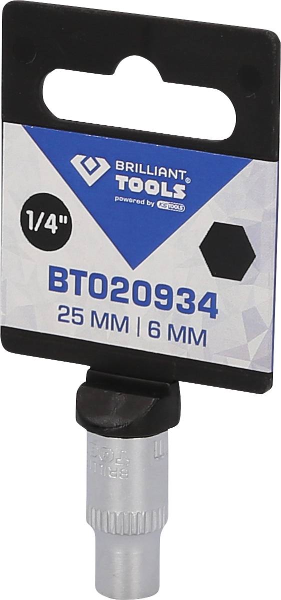 Šestihranný bit s černým držákem a štítkem 'BRILLIANT TOOLS, BT020934, 25 MM, 6 MM'.